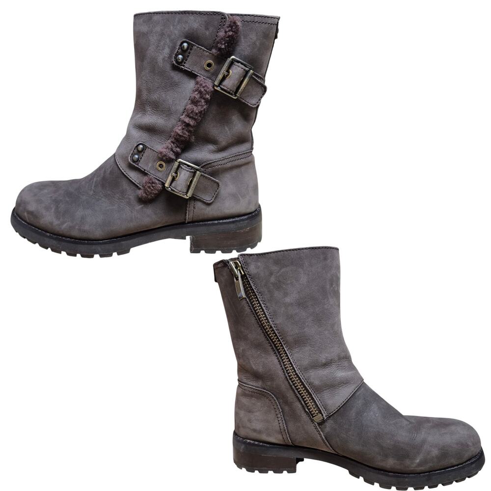 UGG Gray Brown Suede NIELS Water Resistant Buckle Side Zip Lined Boots 9 1/2